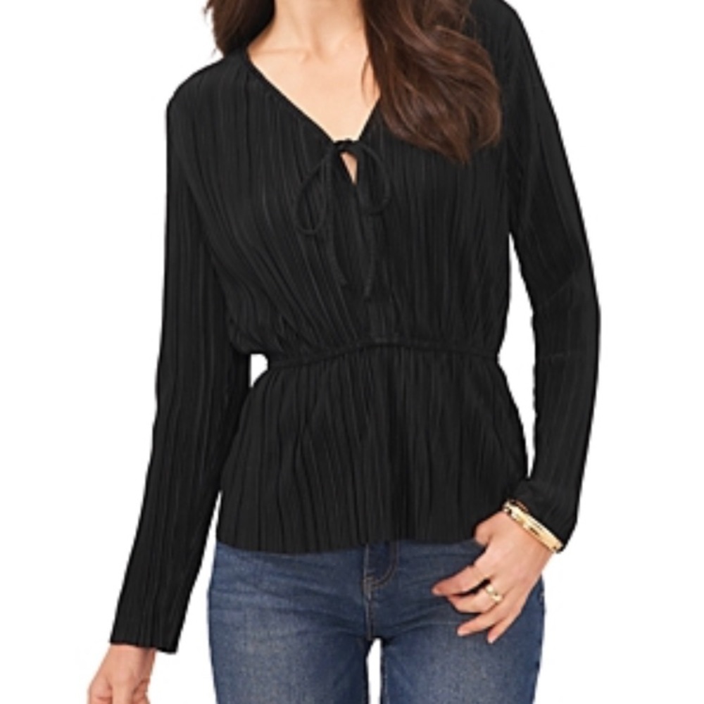 VINCE CAMUTO Elasticated Waist V Neck Classic Escape Blouse Rich Black 2X NWT